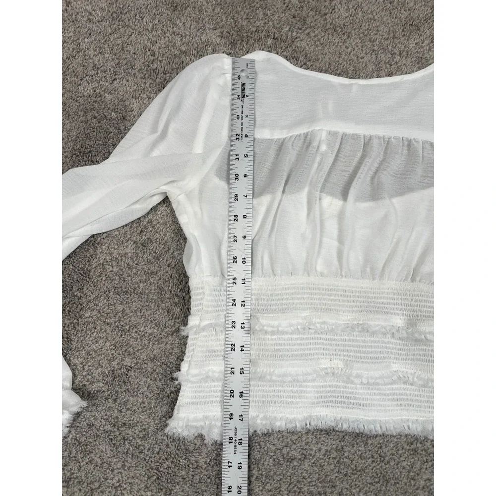 Free People Shirt Womens XS White Lolita Smocked Fringe Milkmaid Sheer Fairy Top